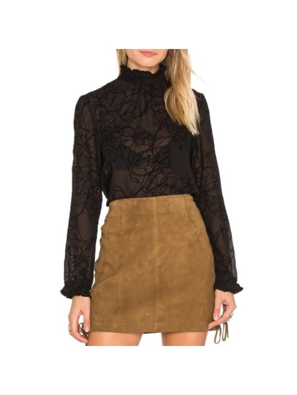 Black Sheer Floral Long Sleeve Blouse with Ruffle Neck and Back Keyhole